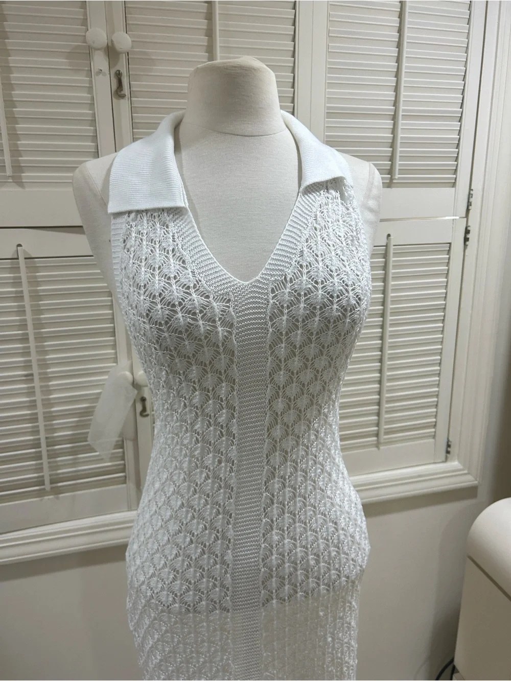 New White Crochet Fringe Maxi Dress Cover up with Collared V-Neck